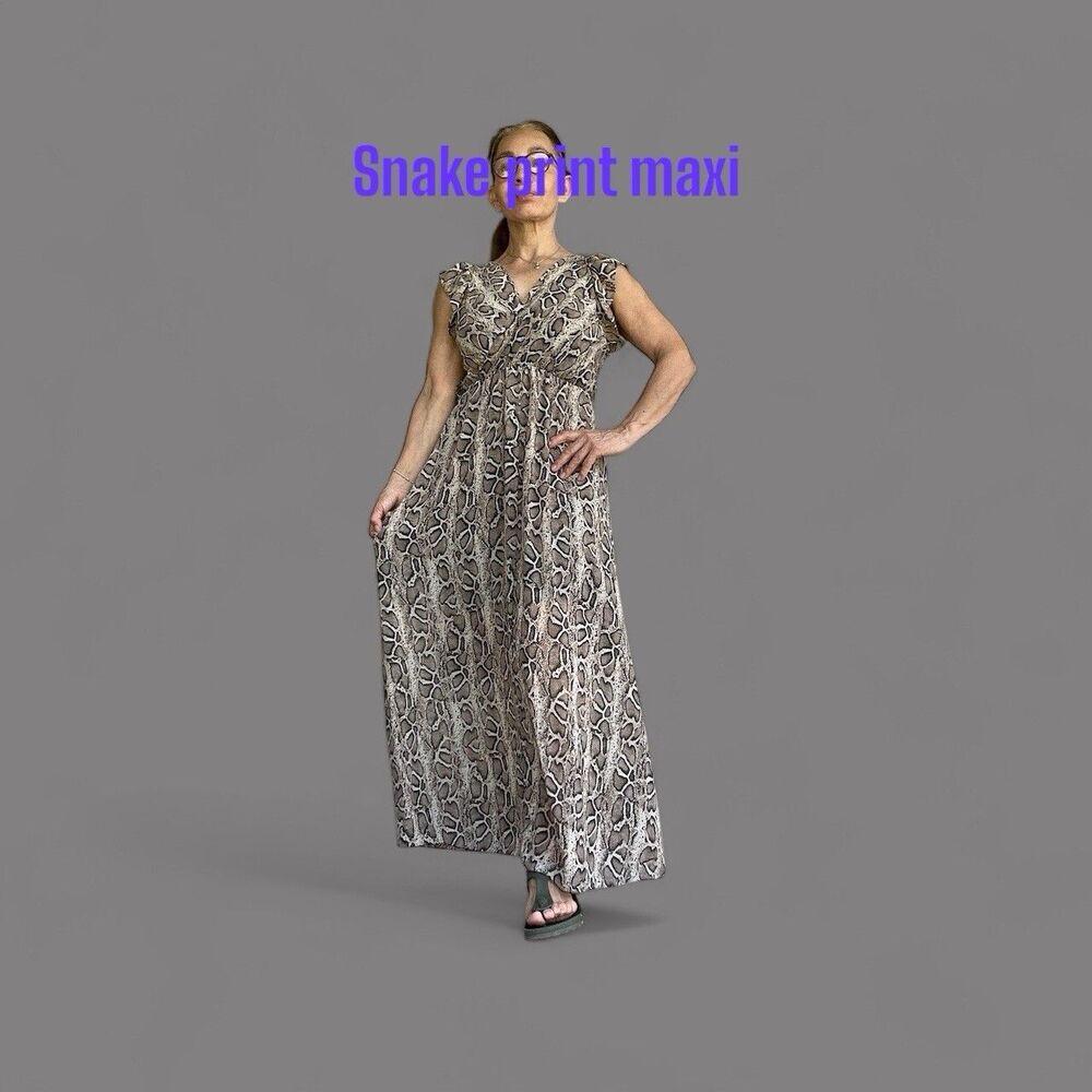 Italian Blush Ruffle Tiered Midi Maxi Dress Python Animal Snake Print Boho Sz M